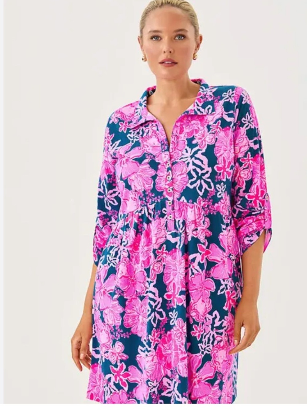 Lilly Pulitzer Xs Sarlyn popover shirtdress starlight navy once and floral - Picture 3 of 8